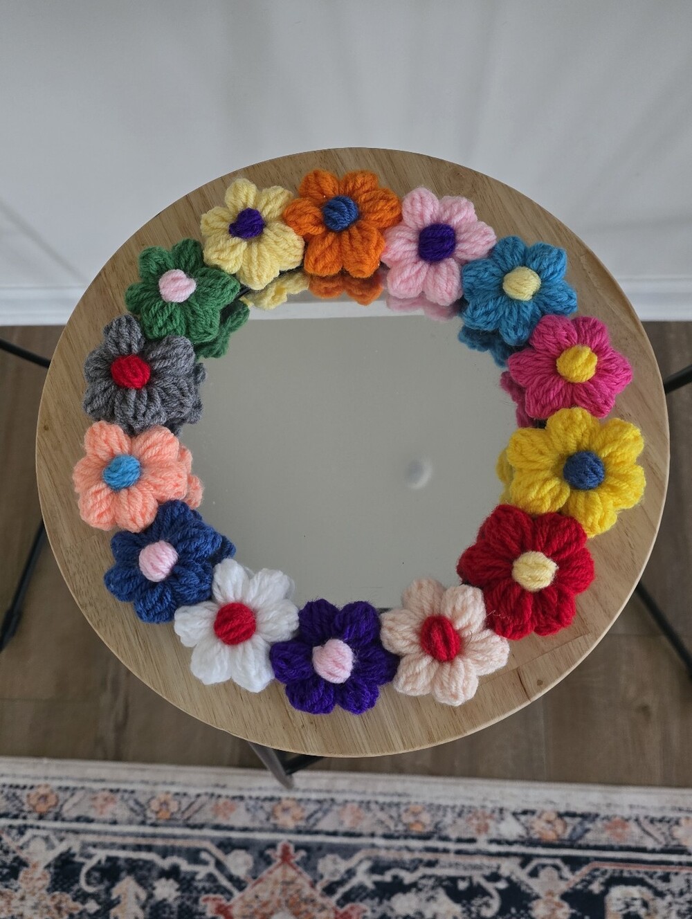Round Wall Mirror with Multicolor Flower Pom-Pom Trim